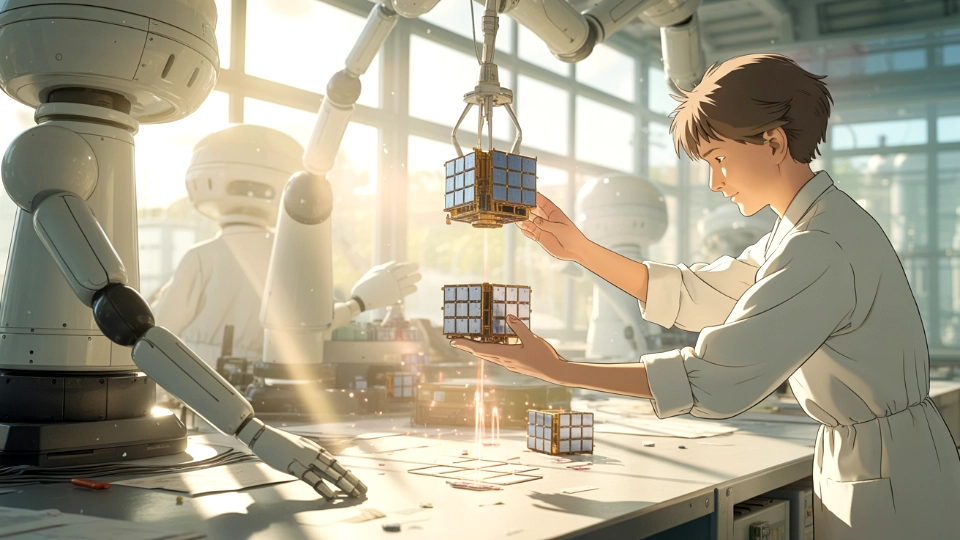 Satellite in assembly bay